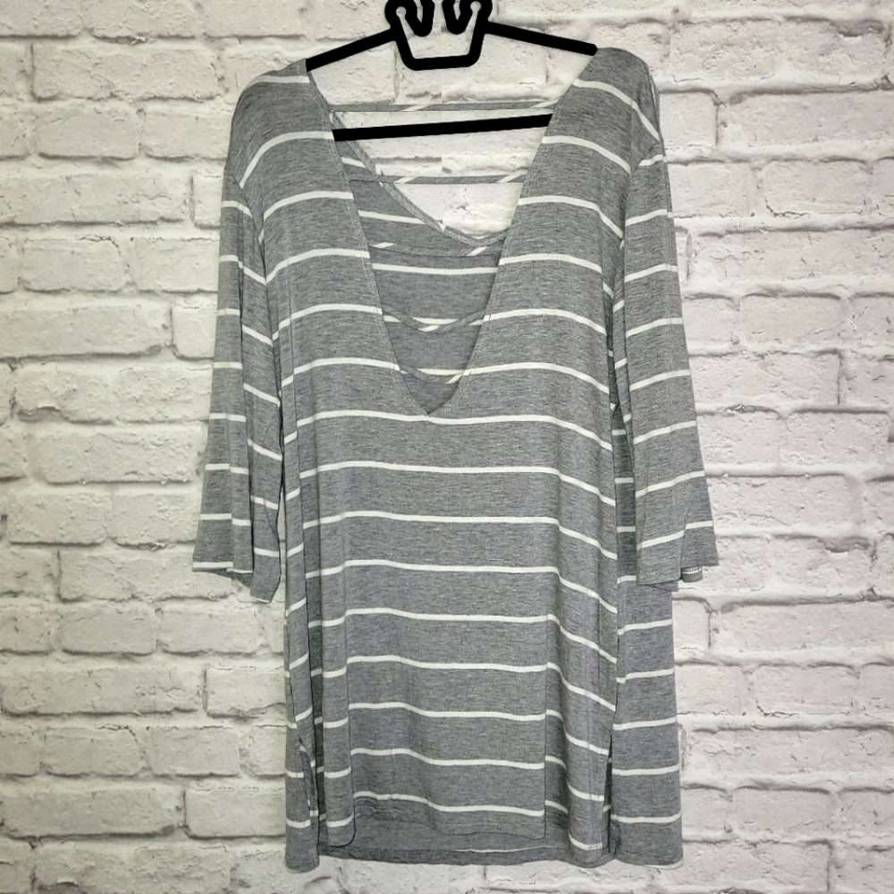 Gray and white striped top with straps back size large